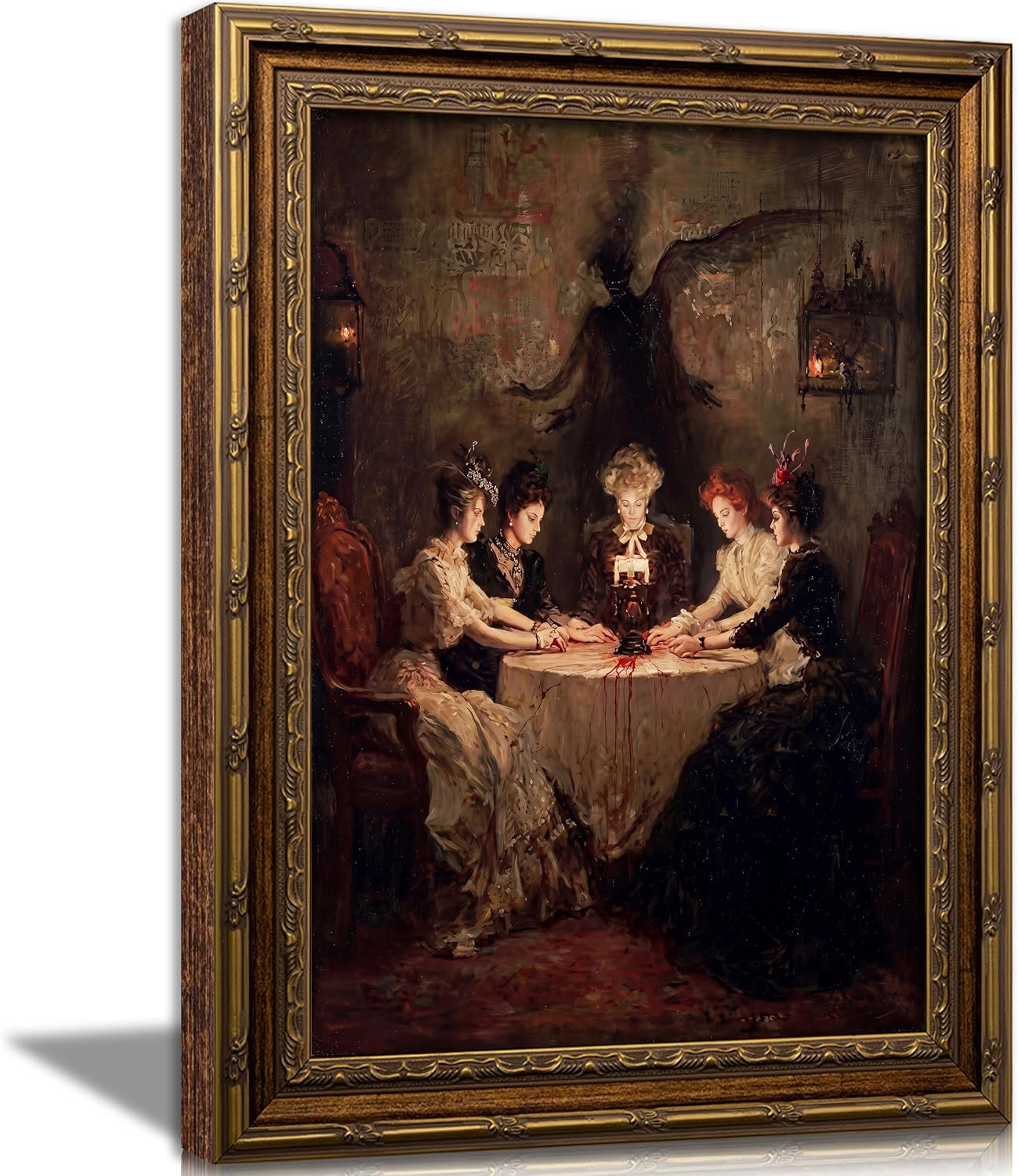 Vintage Gold Framed Gothic Wall Art, Victorian Seance Witch Oil Painting Canvas