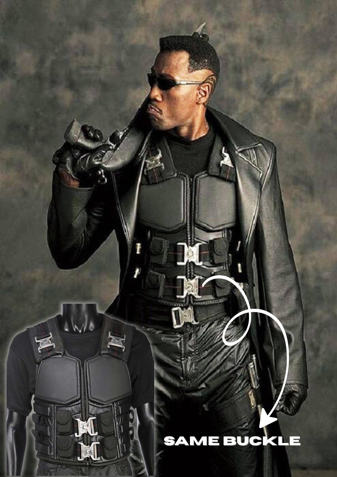 SCREEN ACCURATE Blade Wesley Snipes Costume Men\'s Real Leather Vest SAME BUCKLE