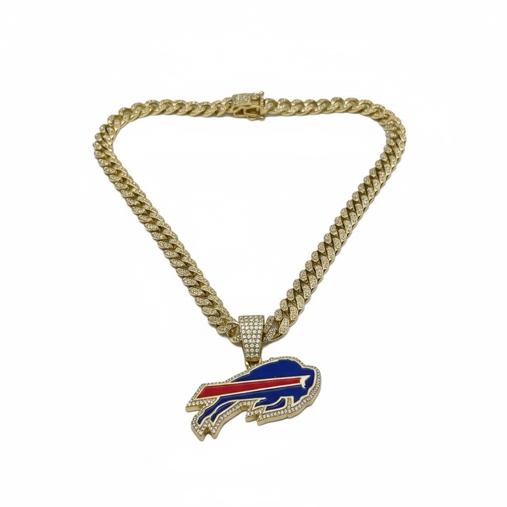 Buffalo Bills Gold Cuban Link Chain Ice Out Crystal 20” With Bracelet & Case NIB