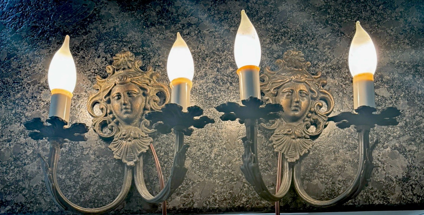 ANTIQUE ART NOUVEAU Female Face Or Mask DOUBLE ARM BRASS Or Bronze SCONCE Pair