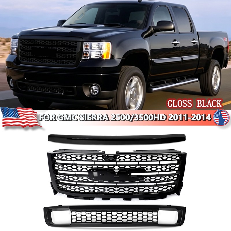 For GMC Sierra 2500 HD Denali 2011-14 Gloss Black Front Grille Hood Molding Trim