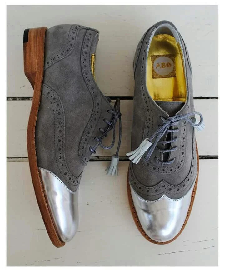 Handmade Women\'s Gray Leather & Suede Oxford Wingtip Brogue Lace Up Dress Shoes