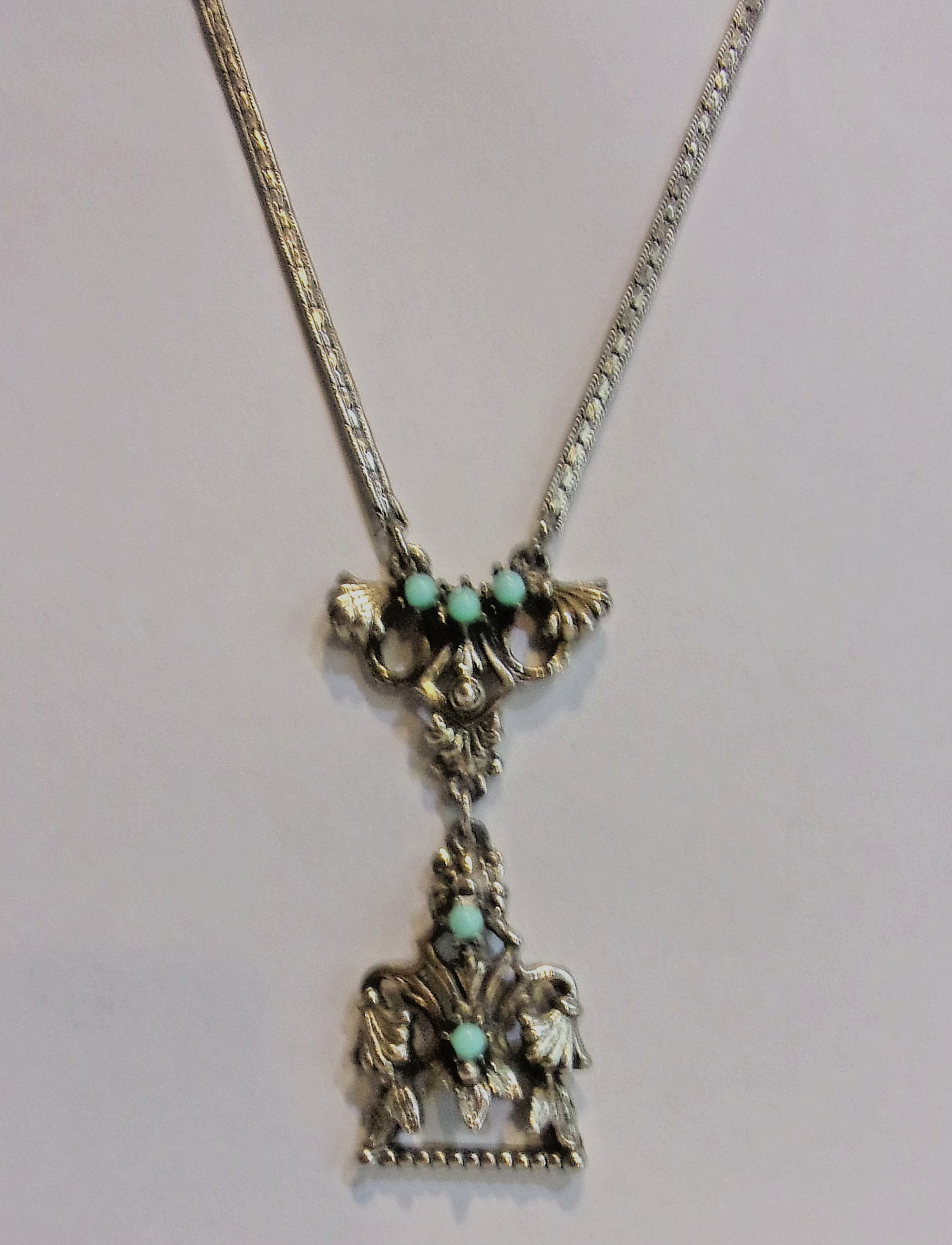 Vtg Art Nuveau Plated Silver rMetal,Blue Lucite Beads 15\