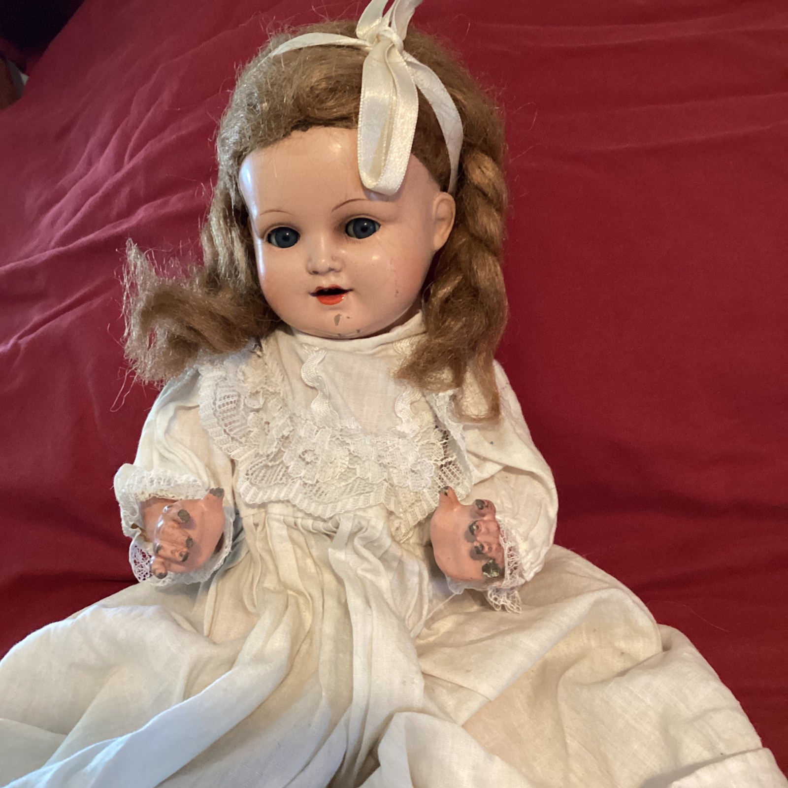 Antique K&W 255.5 Toddler Flirty Sleep Eyes Crier Box Works Doll Dressed 14”