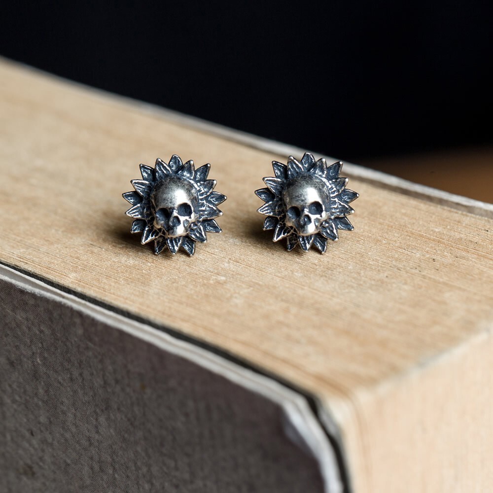 Sunflower Skull Ear Studs Earrings Gothic Punk Rock Vintage 925 Sterling Silver Sunflower Skull Ear Studs Earrings Gothic Punk Rock Vintage 925 Sterling Silver