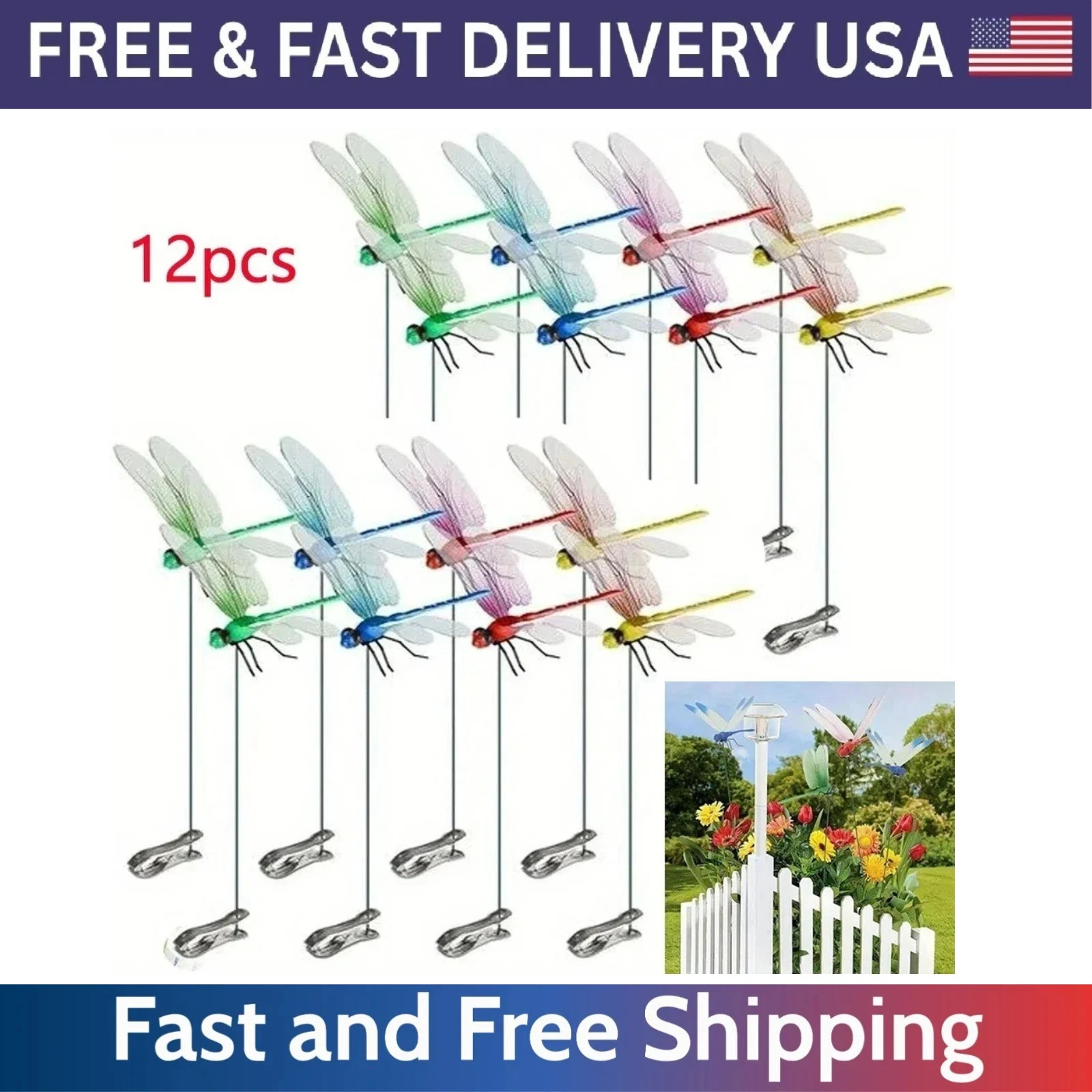 12 Fake Dragonfly Clips Clip on Dragonfly for Outdoors 3D Dragonfly Garden Decor