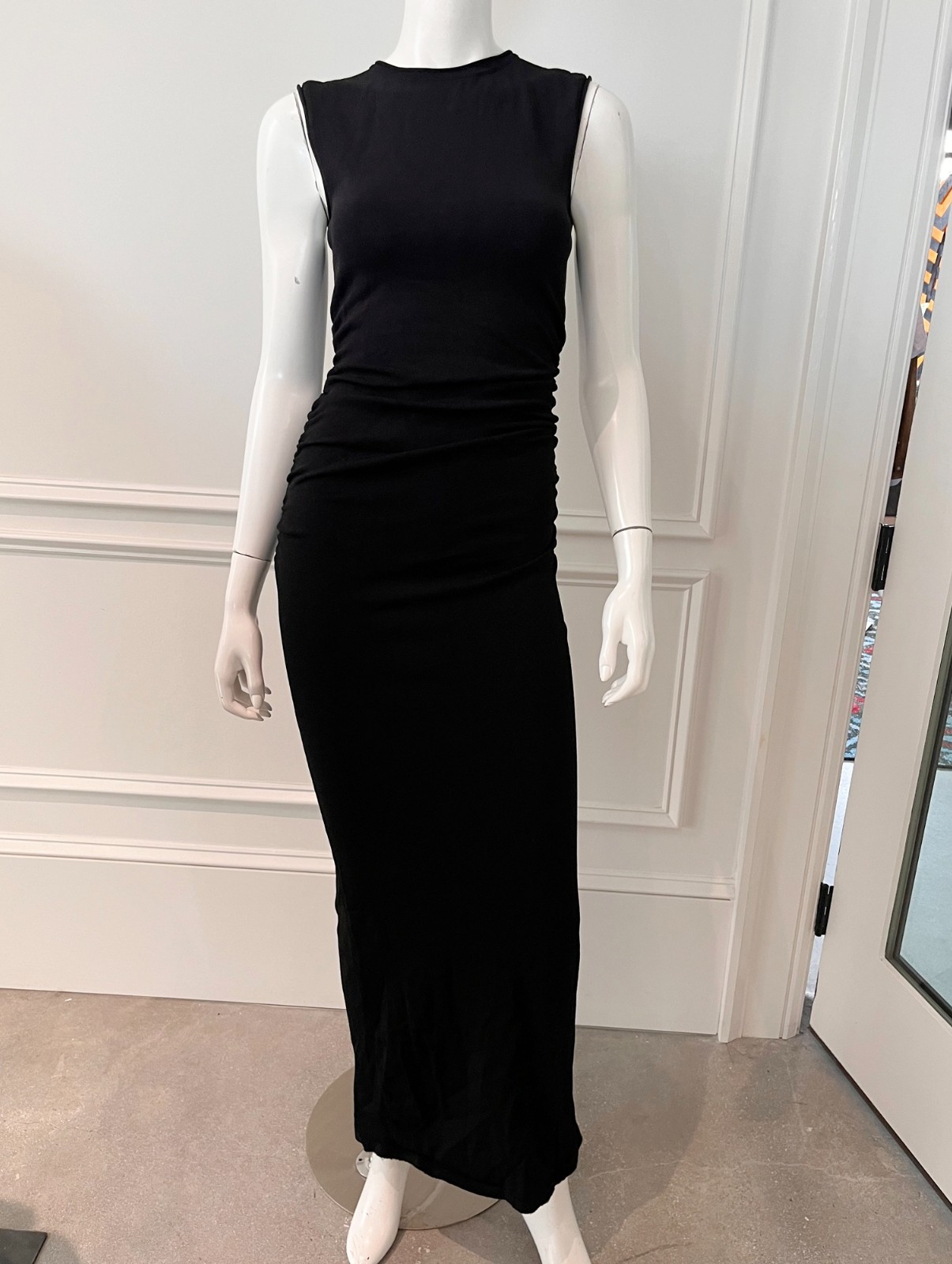 Dissh Black Ruched Midi Dress Sheath Sleeveless Size XS Crew Neck
