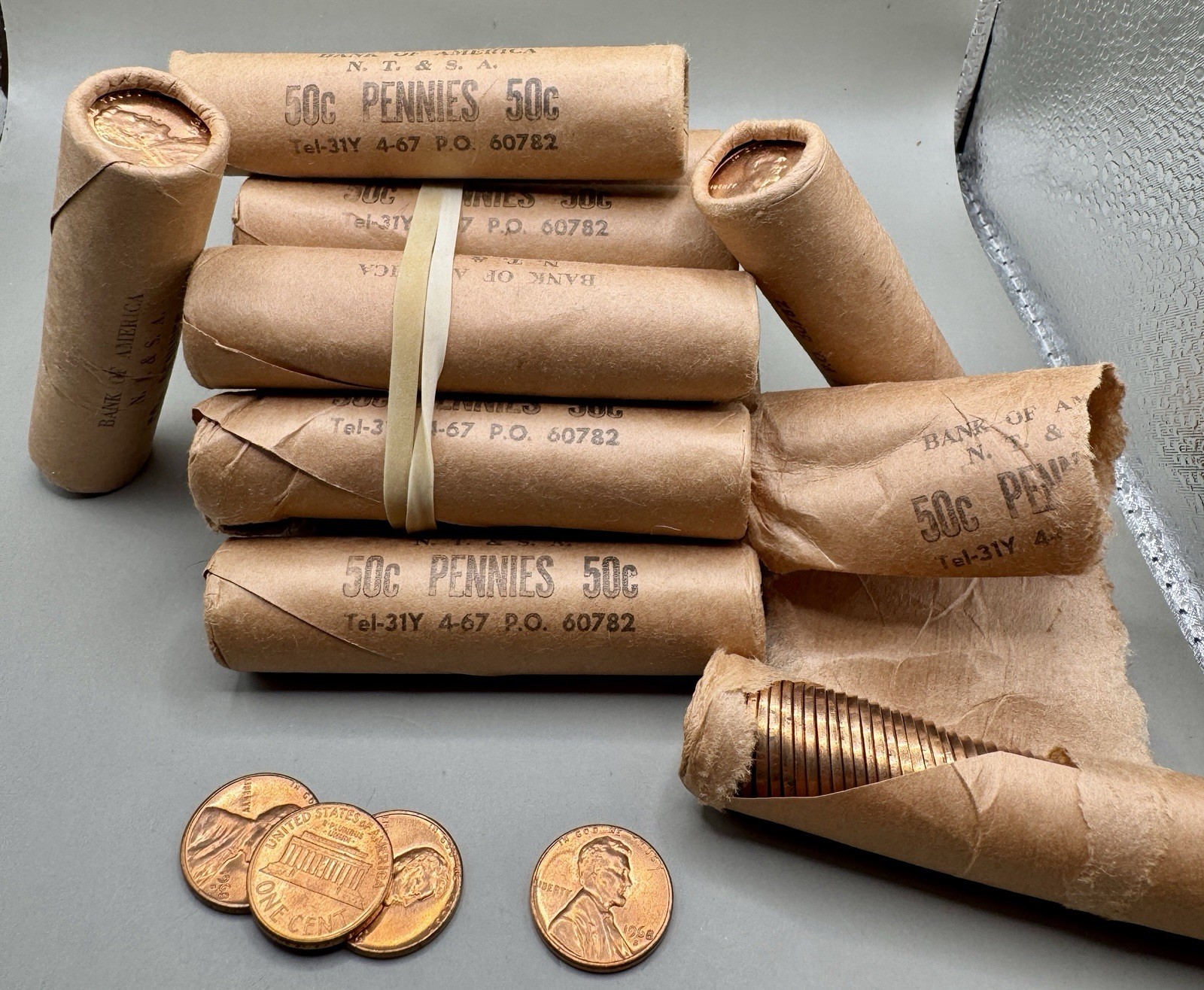 1968-S Lincoln Cent Roll Vintage Bank of America Wrapper BU Copper Pennies