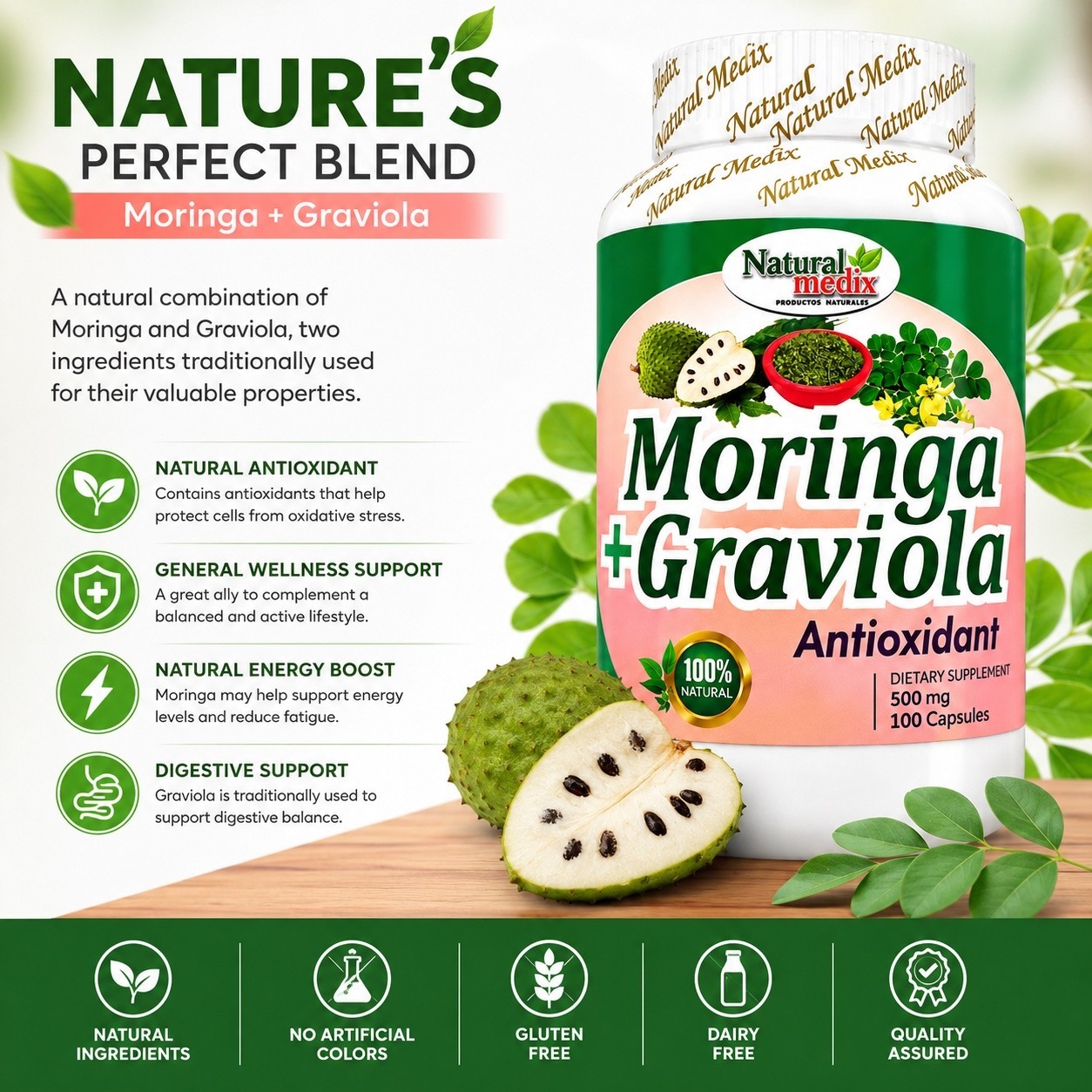 Moringa + Graviola  Premium  Antioxidant 100 Capsules Guanabana