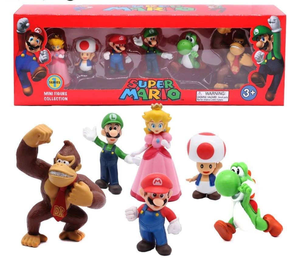 6pcs Super Mario Bros PVC Figures Luigi Yoshi Donkey Kong Mushroom Toy Set Gifts