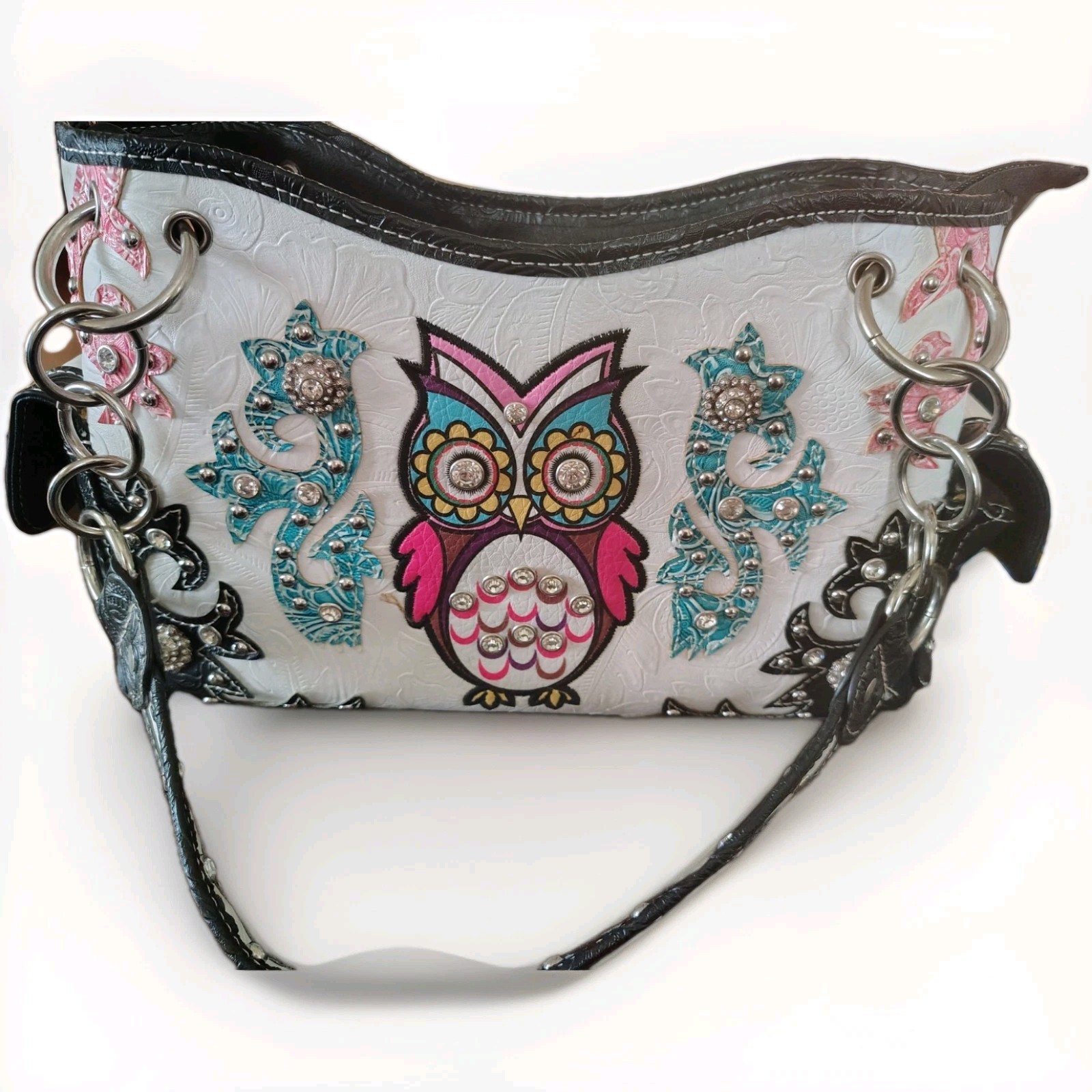 Cowgirl Trendy White Owl Purse W/ Conceal & Carry Pocket Bling, Chain 13\