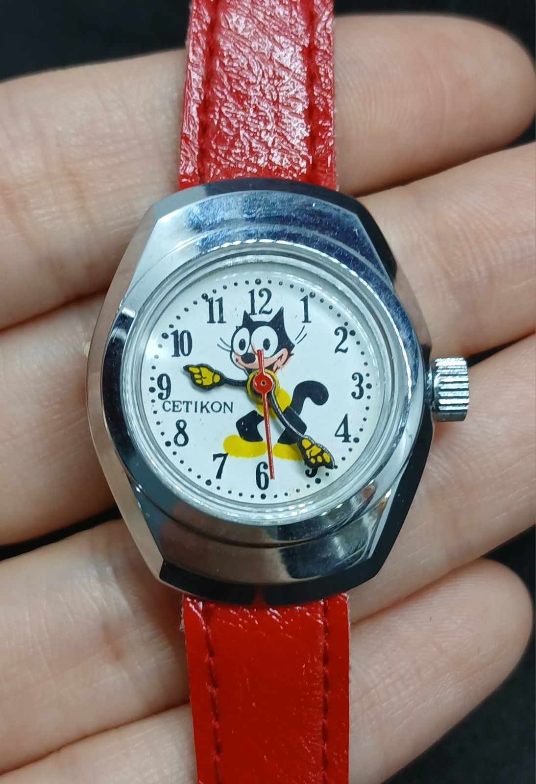 Vintage Felix The Cat Rare CETIKON Watch Mechanical With Leather Wristband 70's.