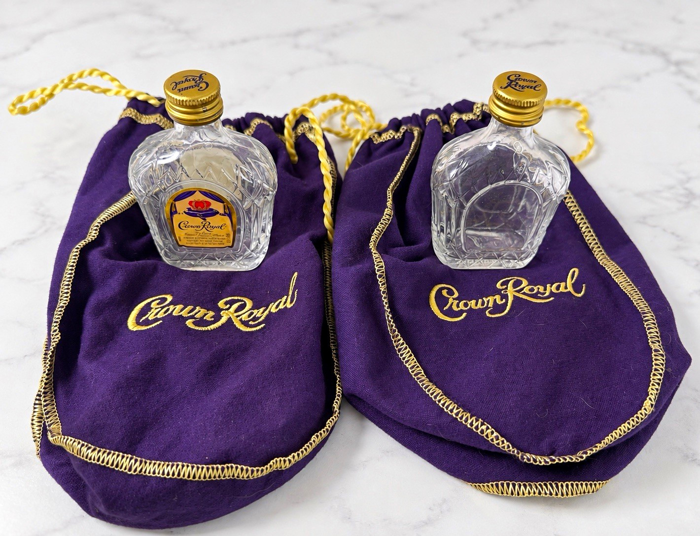 Vintage Crown Royal 50ml Glass Mini Bottles w/ Purple Bags Lot of 2
