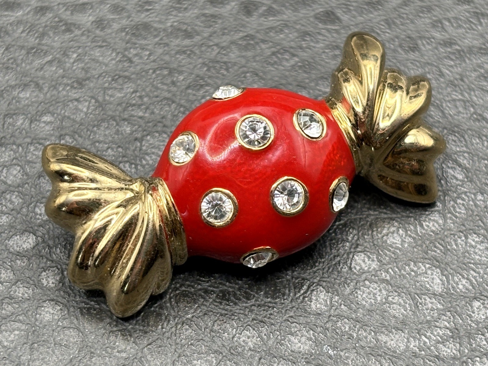 Vintage St. John 80s Red Enamel Rhinestone Candy Brooch Gold Tone Couture Vintage St. John 80s Red Enamel Rhinestone Candy Brooch Gold Tone Couture