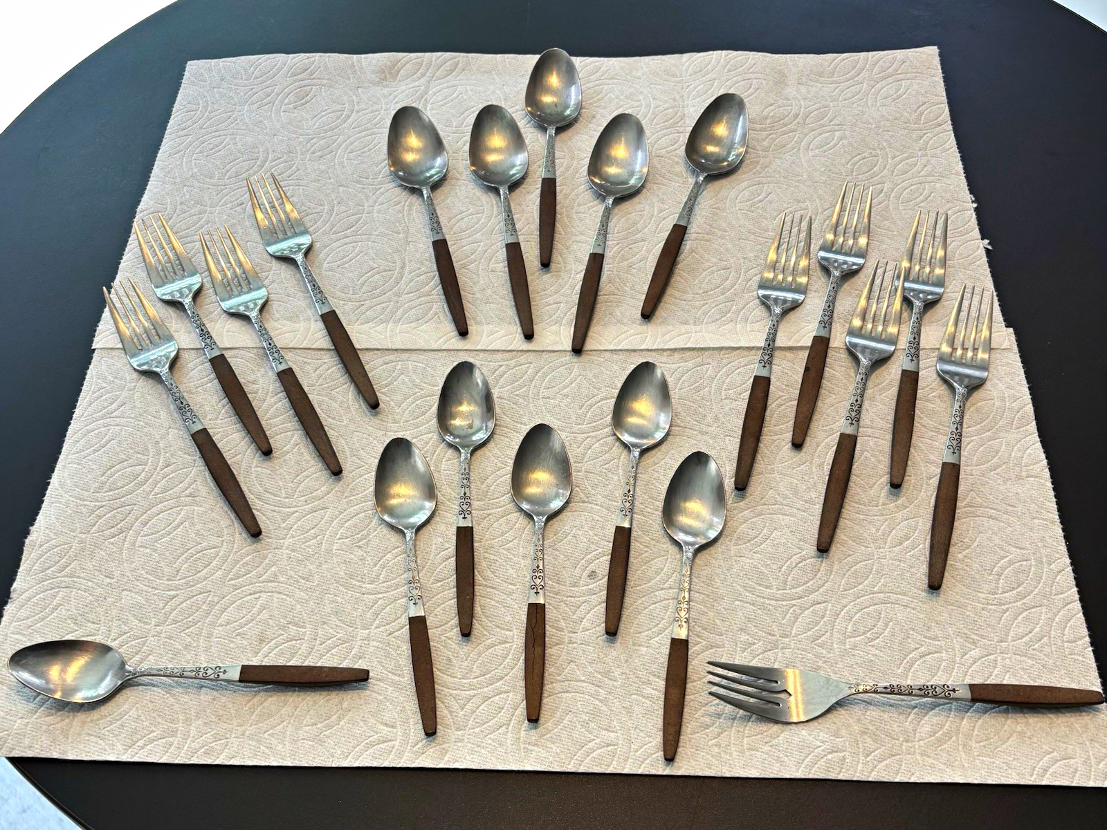 Vintage INTERPUR 21 pc MCM Stainless Flatware Set Wood Handles Forks Spoons