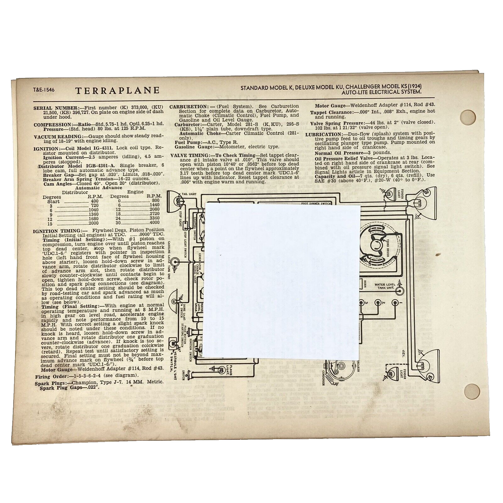 Vintage 1934-37 Terraplane Electrical Repair  Manual Diagram Starting Ignition