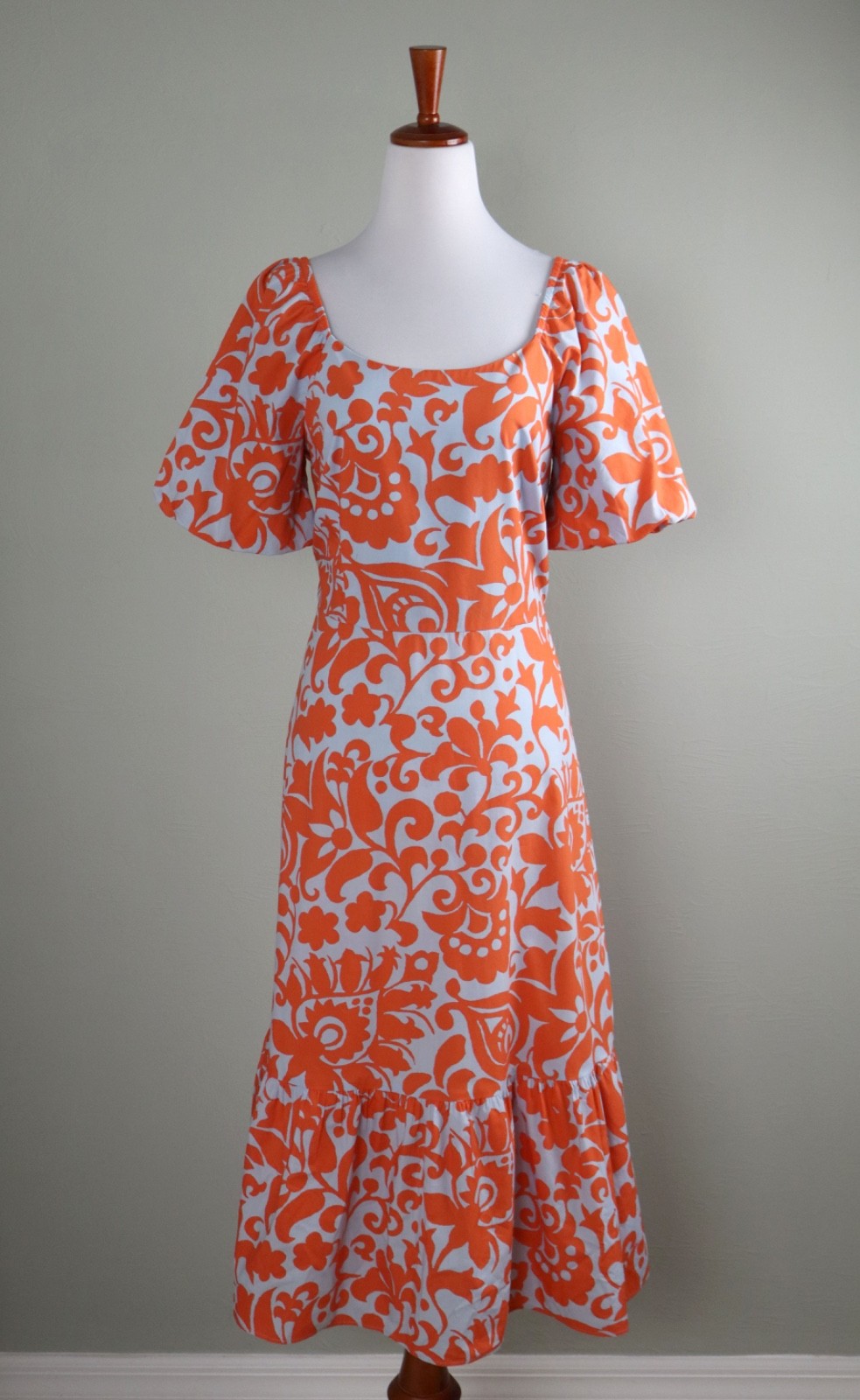 TALBOTS $158 Printed Puff Sleeve Midi A-Line Cotton Flounce Hem Dress Size 6