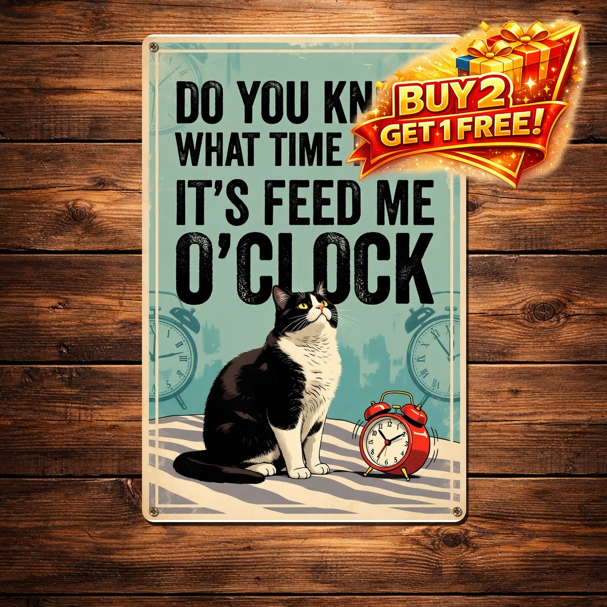 Modern Black Cat What Time Is It 8x12 Wall Art Tin Metal Sign Decor