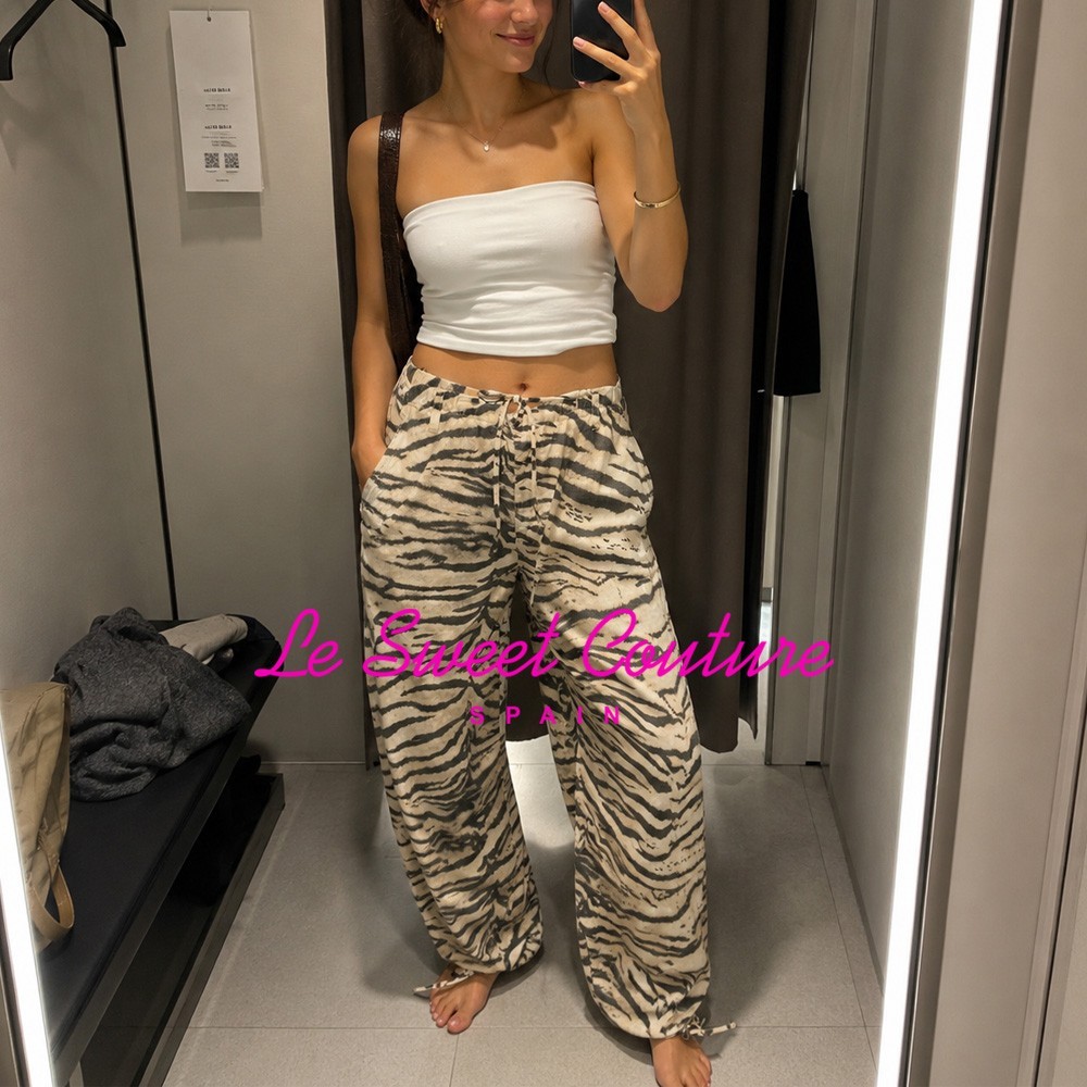 ZARA WOMAN SS26 TIGER ANIMAL PRINT WIDE LEG DRAWSTRING PANTS 6929/210/035
