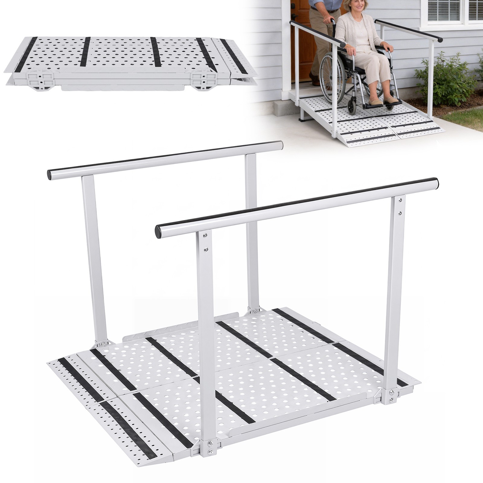600LBS Portable Wheelchair Ramp Carbon Steel Ramp with Handrails for Home Step