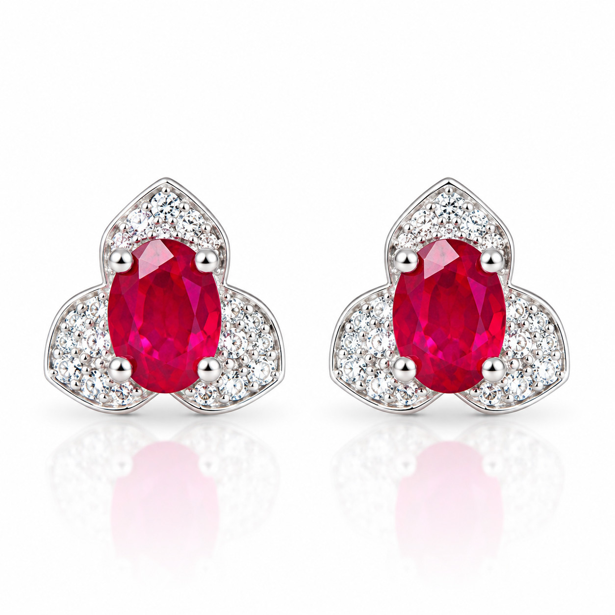 Natural Ruby Stud Earrings 4x6mm Oval CZ Halo 925 Silver Phimsera