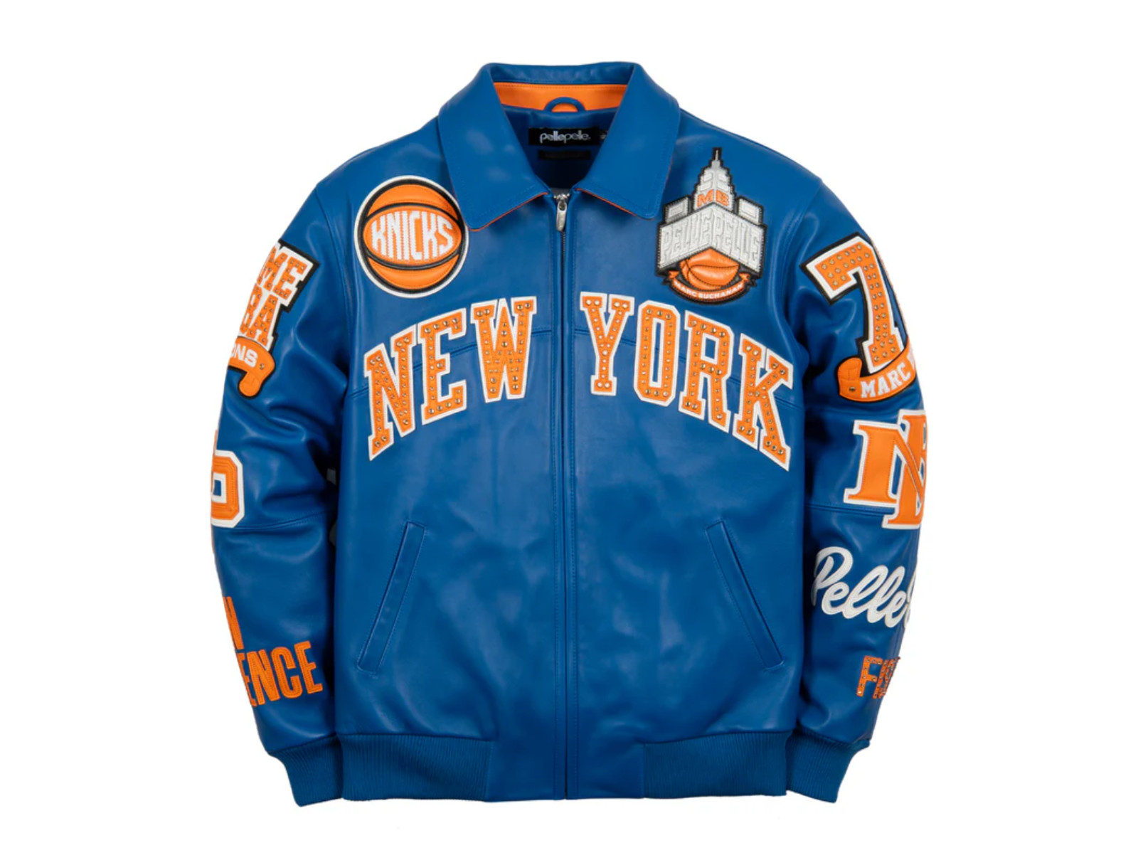 Men\'s Pelle Pelle New York Knicks Blue Leather Bomber Jacket Hip Hop Coat