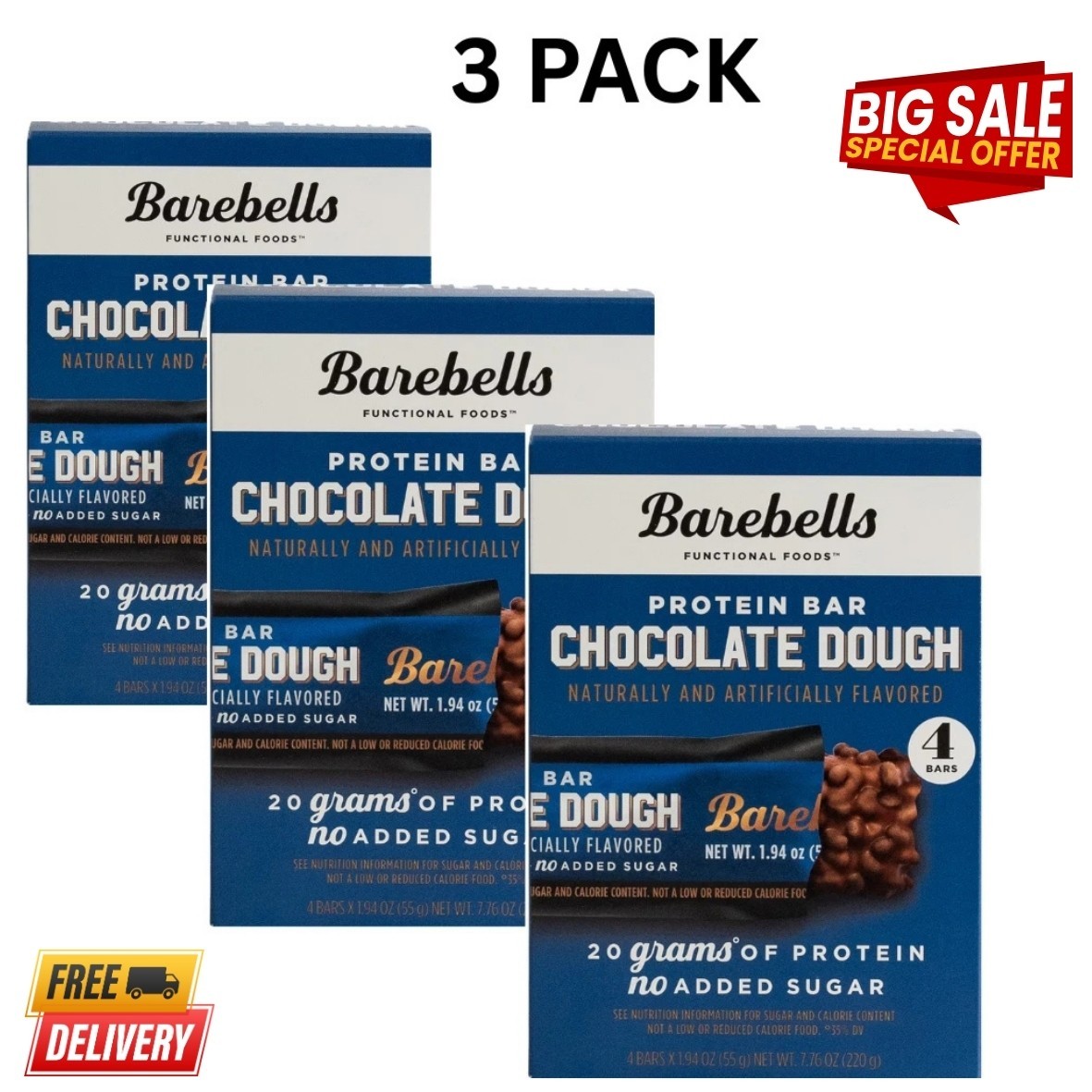Barebells Protein Bars with 20G High Protein, 1.9Oz Bars, Chocolate Dough -12 Ct