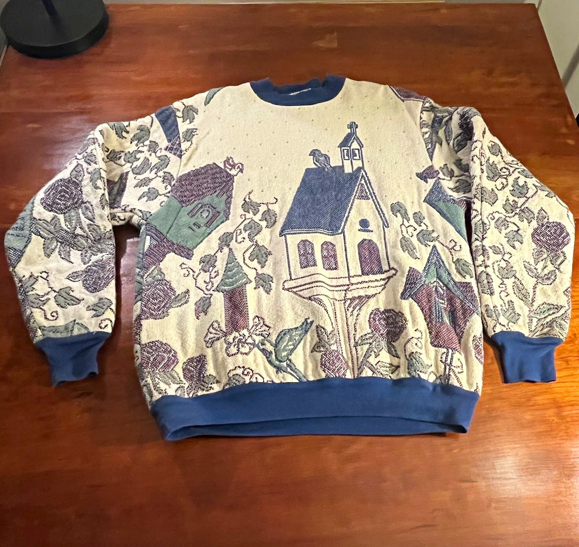 VTG Sugar Street Weavers Tapestry Knit Scenic Birdhouse Crew Neck Sweater O/S VTG Sugar Street Weavers Tapestry Knit Scenic Birdhouse Crew Neck Sweater O/S