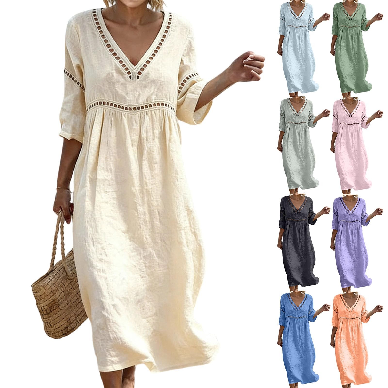Loose V-Neck Boho Maxi  Linen Women Beach Dress Summer for