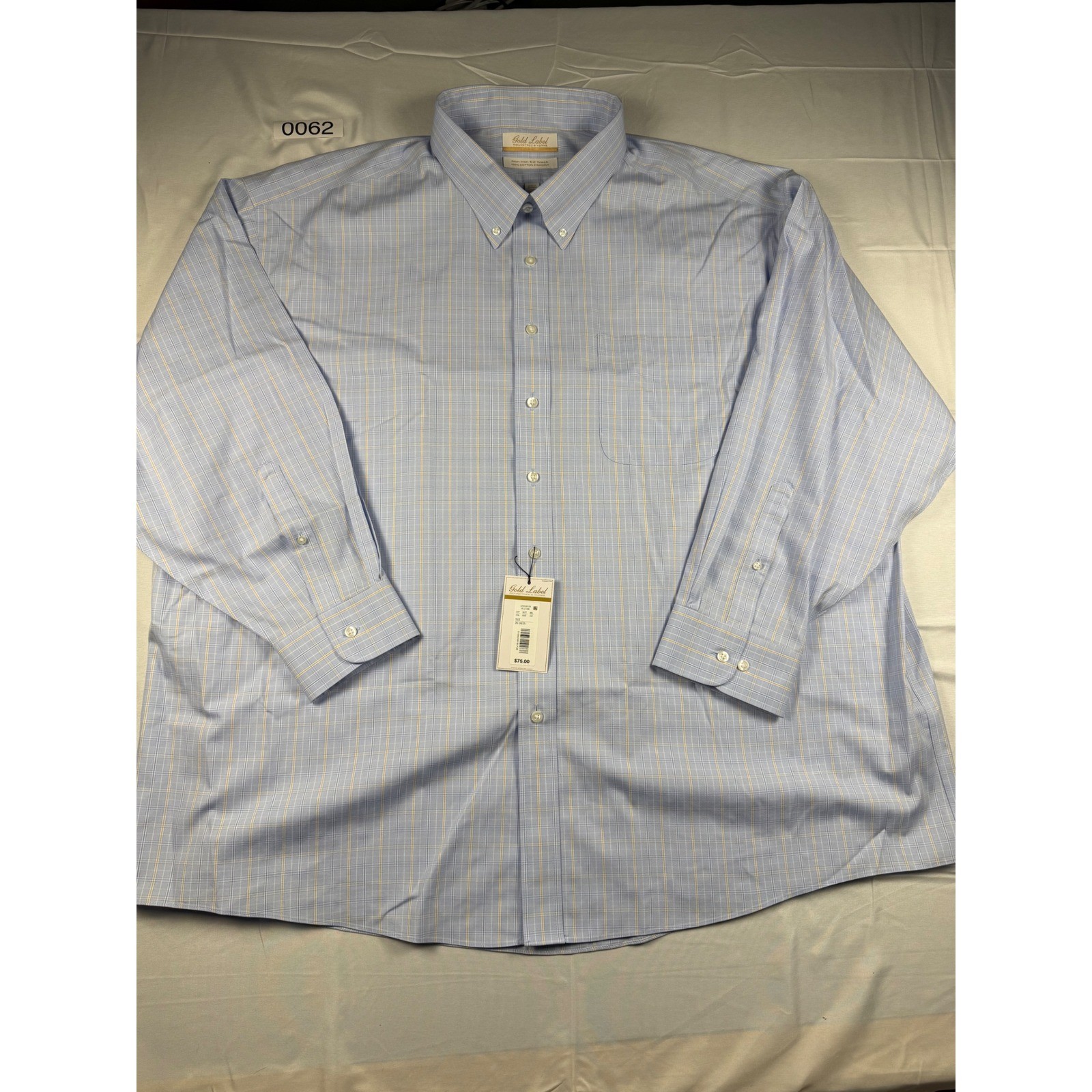 Roundtree & Yorke Gold Label Mens 20 34/35 Big Blue Tan Plaid Dress Shirt NWT
