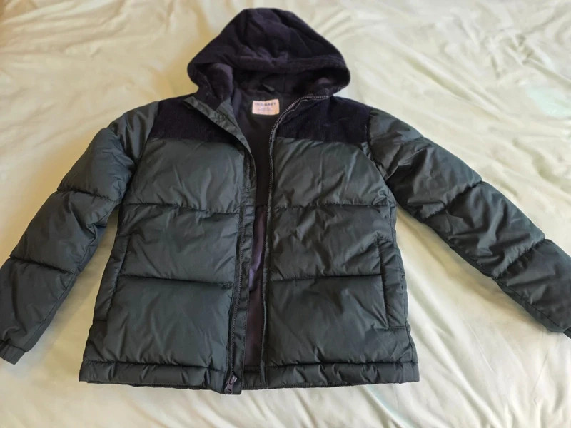 Old Navy Kids Hooded Puffer Jacket Dark Olive Green Corduroy Yoke L 10 12