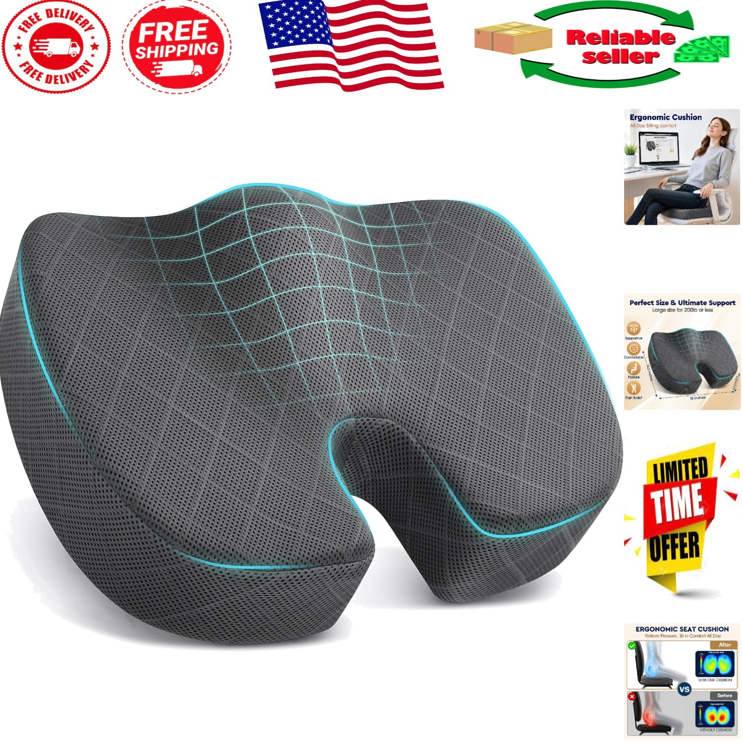 Large U-Shaped Memory Foam Cushion - Pain Relief & Comfort for Long Sitting