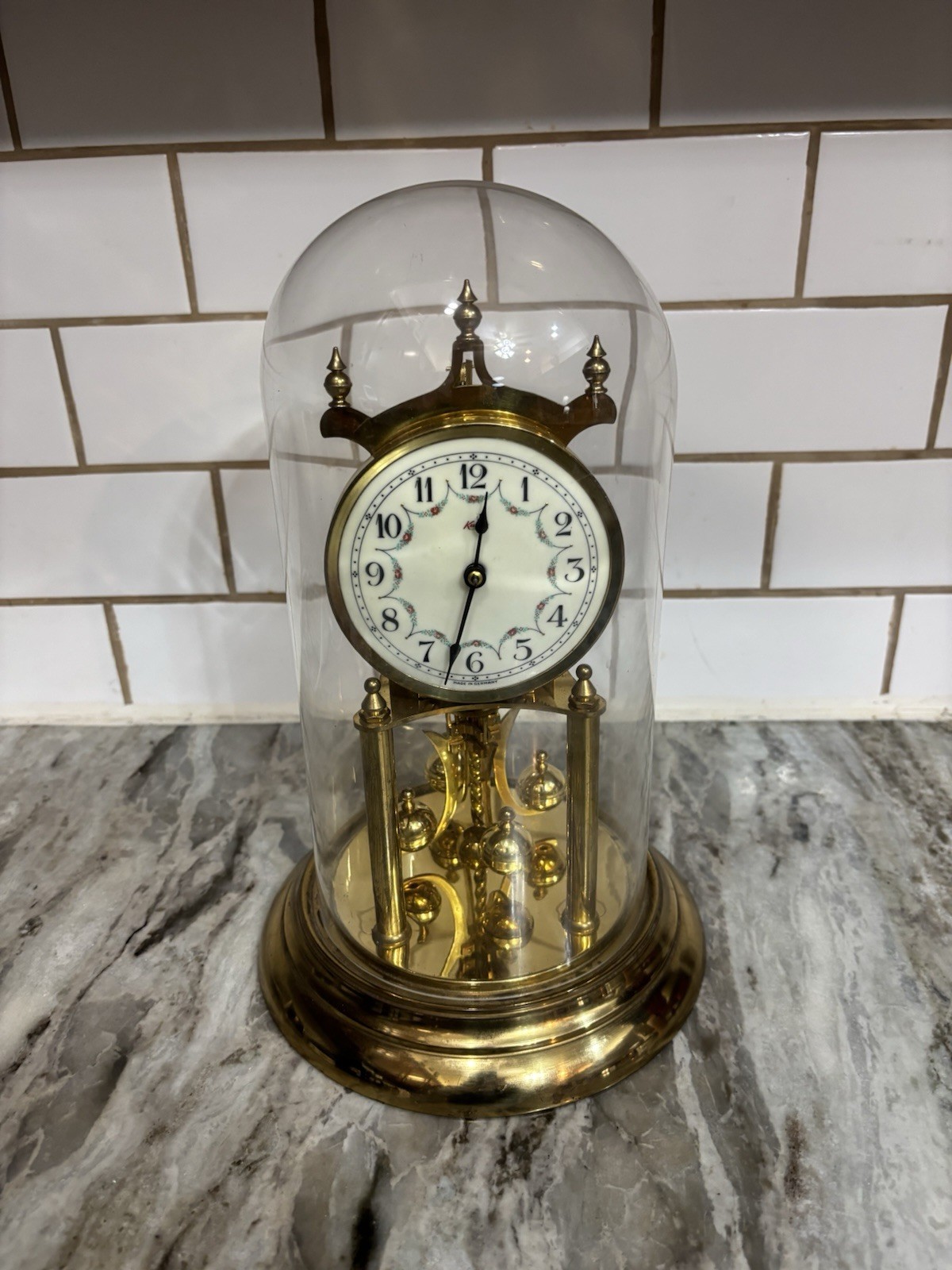 Vintage Kundo 400 Day Anniversary Clock Floral Dial Glass Dome Germany - Tested