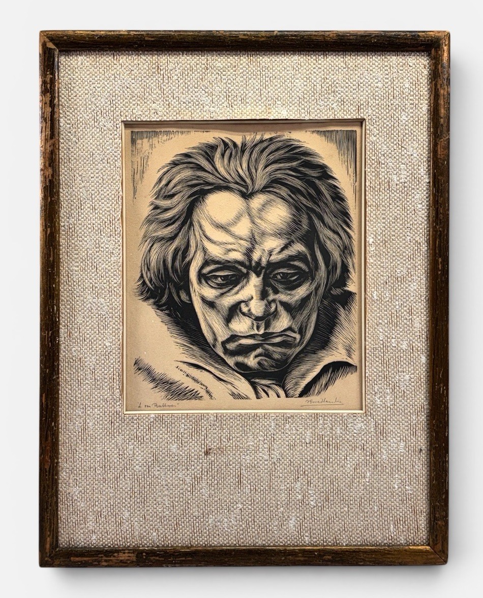 Vintage 1941 Isaac Friedlander Beethoven Woodcut Print Pencil Signed