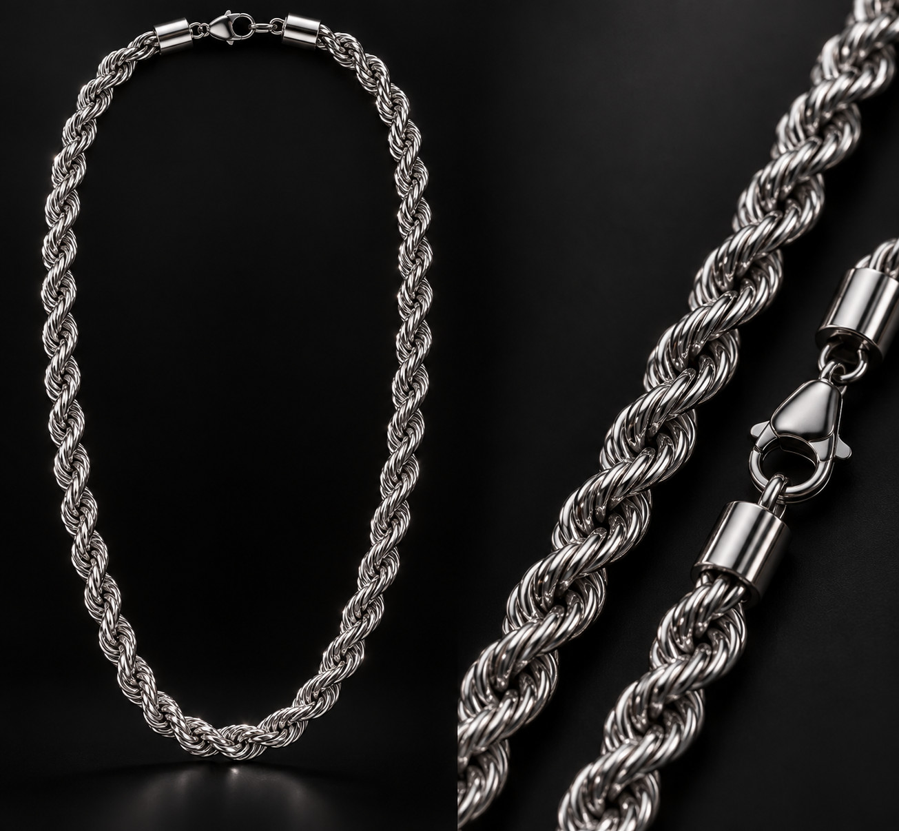 Titanium Rope Chain Necklace for Men and Women , Platinum Tone, Durable Braided.