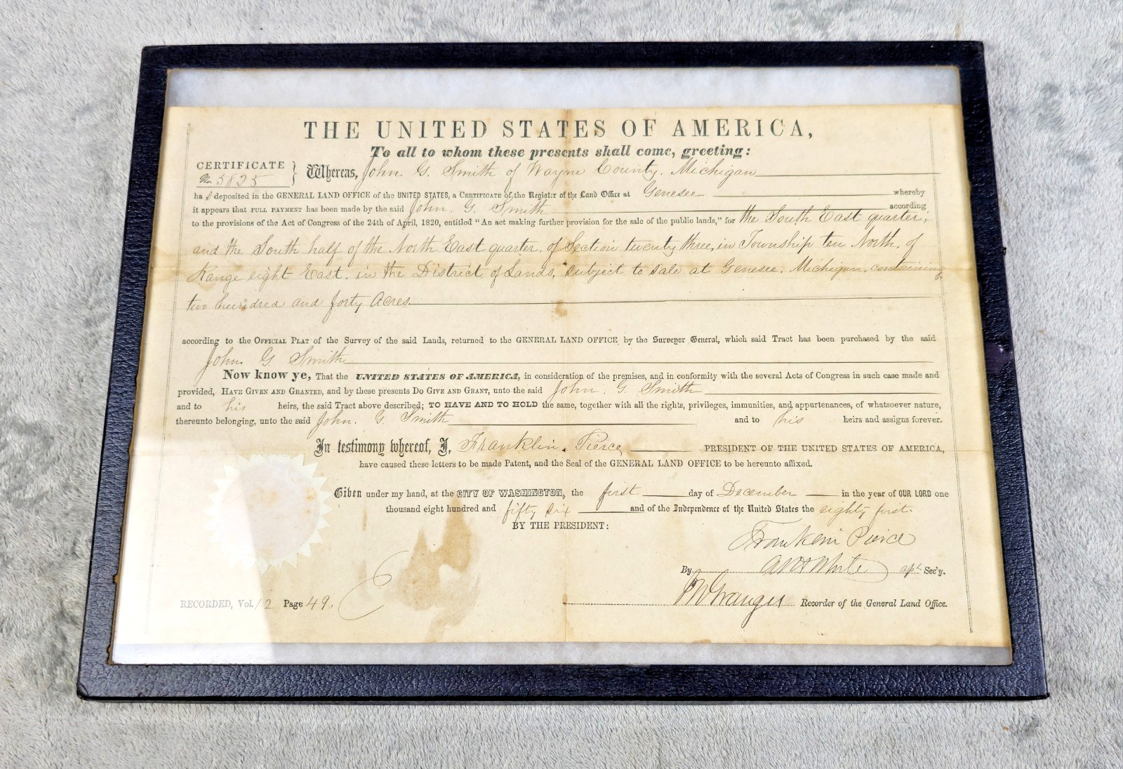 Original 1856 Signature Franklin Pierce 14th President United States Land Grant