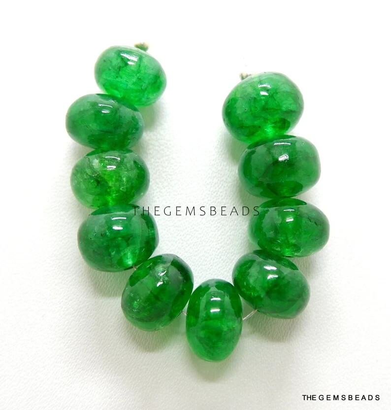 10–10.5mm Natural Zambian Emerald Smooth Rondelle Beads, 11 Loose Gemstone Beads