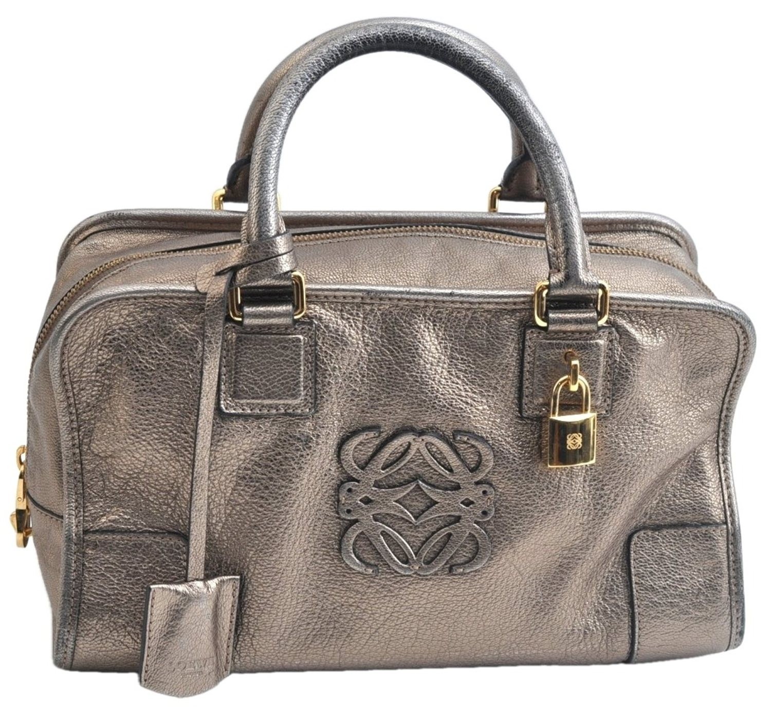 Authentic LOEWE Amazona 28 Anagram Hand Boston Bag Leather Silver AD458 Authentic LOEWE Amazona 28 Anagram Hand Boston Bag Leather Silver AD458
