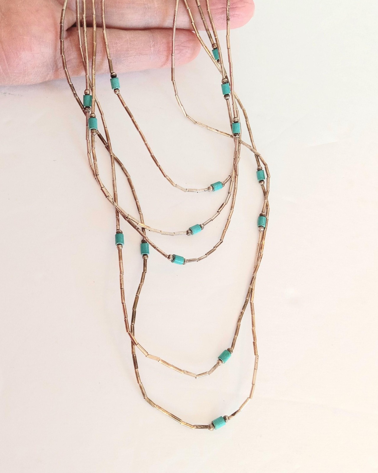 Vintage Navajo Liquid Sterling Silver Necklace • Green Turquoise, 5-Strand