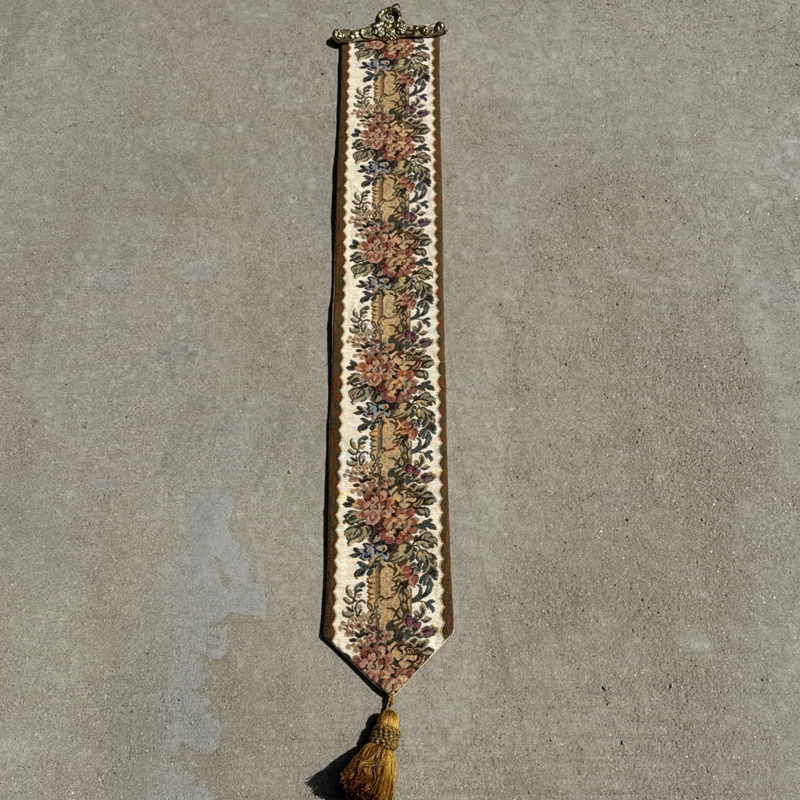 Vintage Bell pull wall hanging tapestry by Metrax Belgium, Victorian with brass