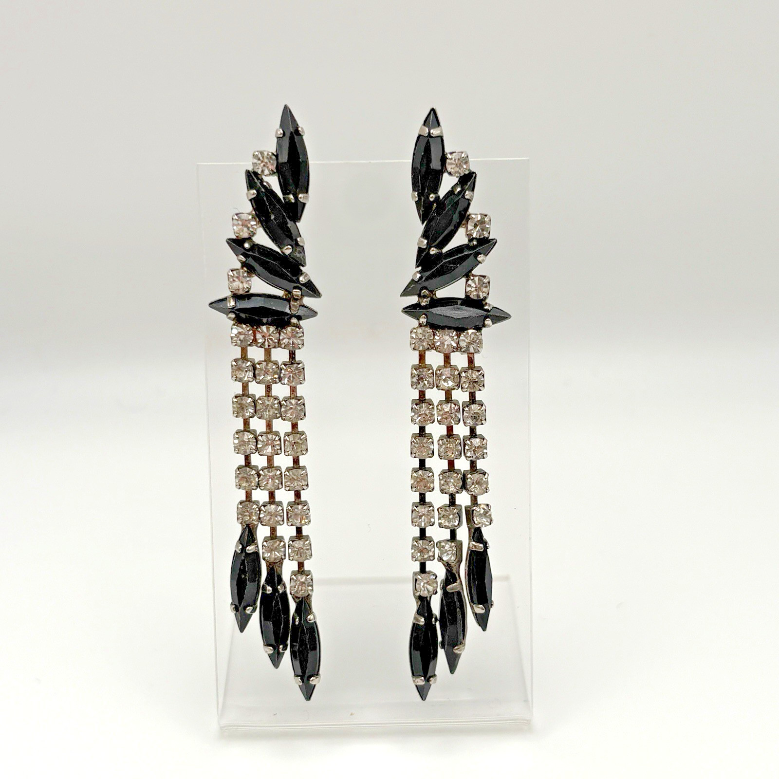 Vintage Pierced Earrings Rhinestone Navette Dangle Fringe Cocktail Party