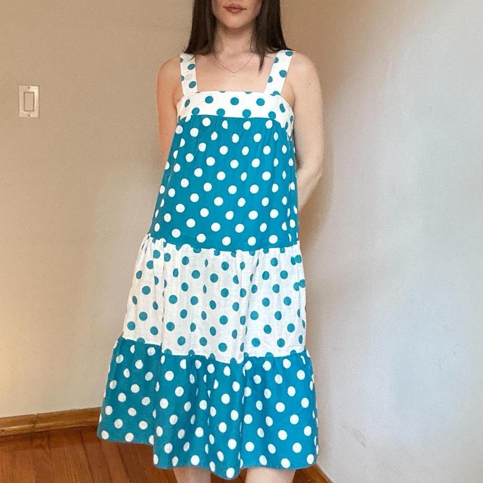 Vintage 1960s Teal and White Polka Dot Smock Dress