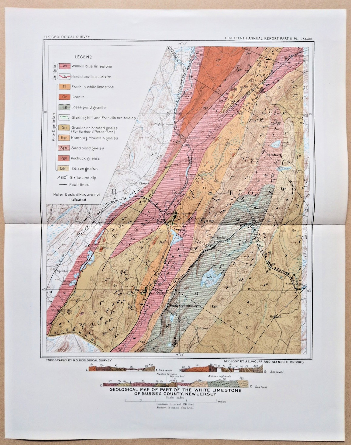 1897 Antique Geological Map of White Limestone of Sussex County, New Jersey