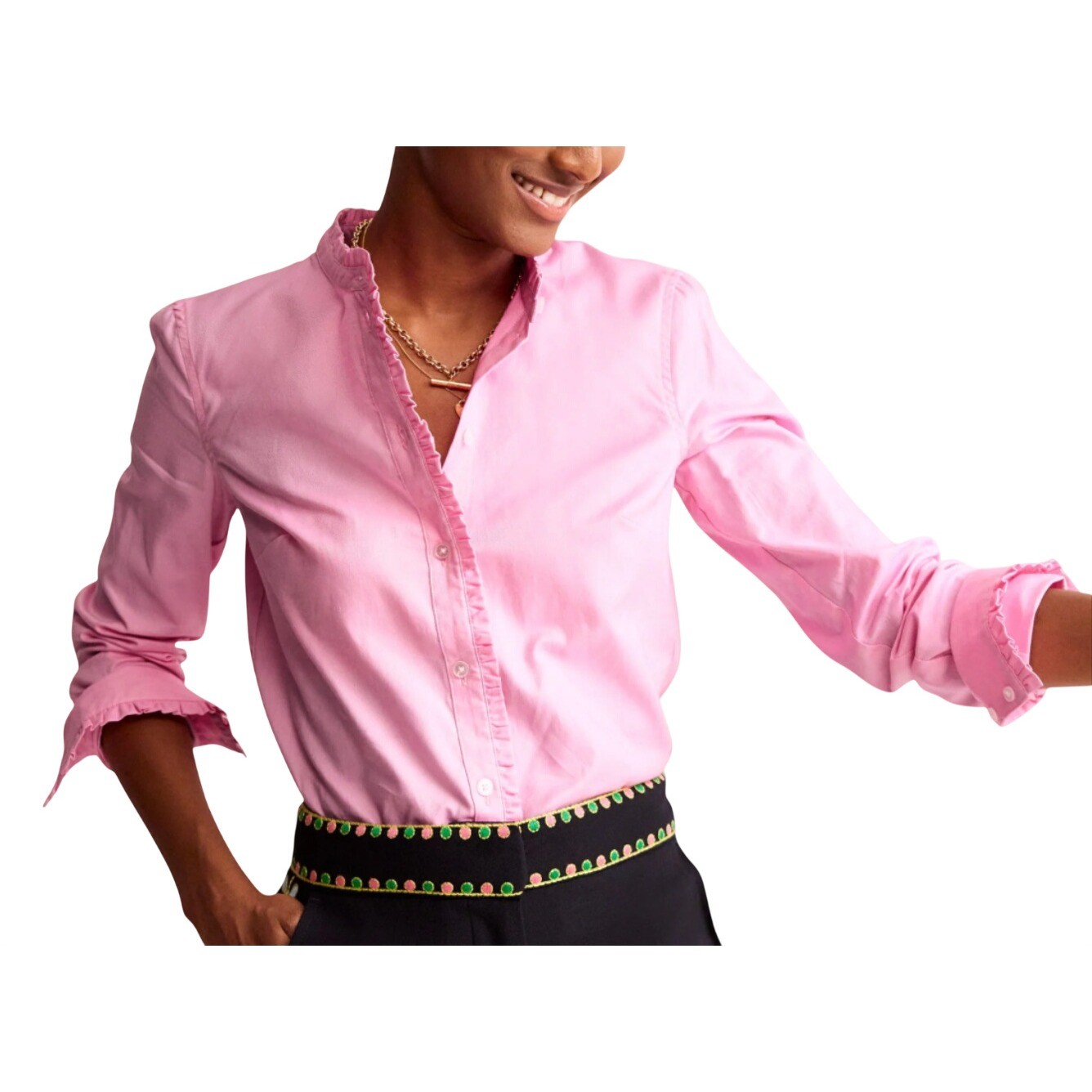 NWT Boden Phoebe Button-Up Cotton Shirt PINK CHAMBRAY Tiny Ruffle Trim US-2
