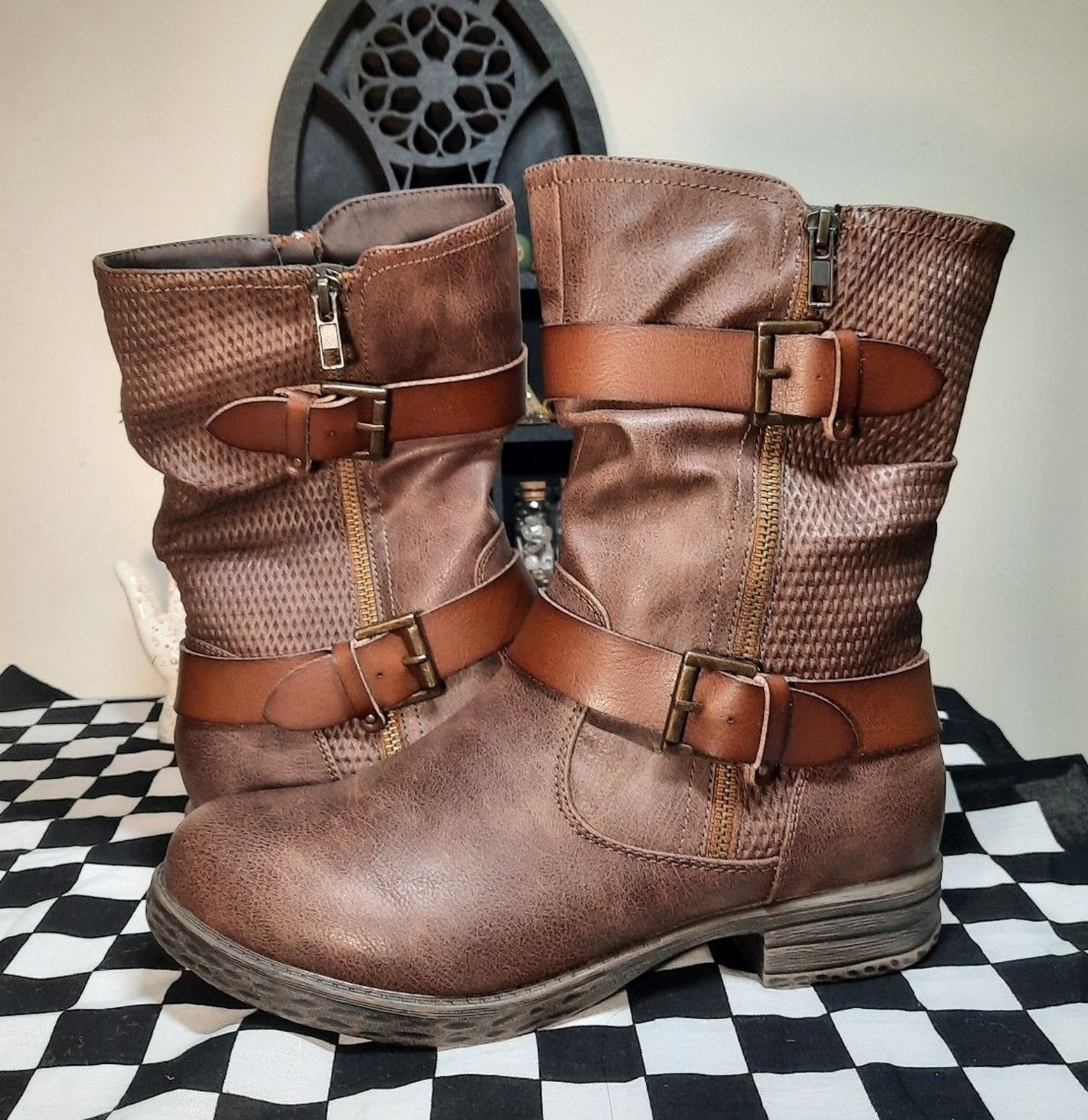NWOT Jellypop Women\'s Size 8 Brown Buckle Strap Zipper Boots