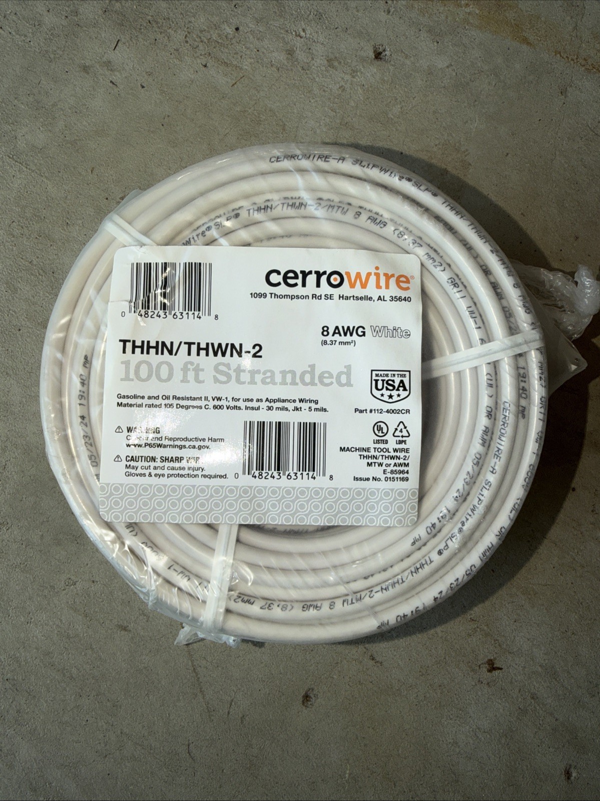 Cerrowire 8 Gauge 100 Feet White Stranded Copper THHN Electrical Wire Cerrowire 8 Gauge 100 Feet White Stranded Copper THHN Electrical Wire