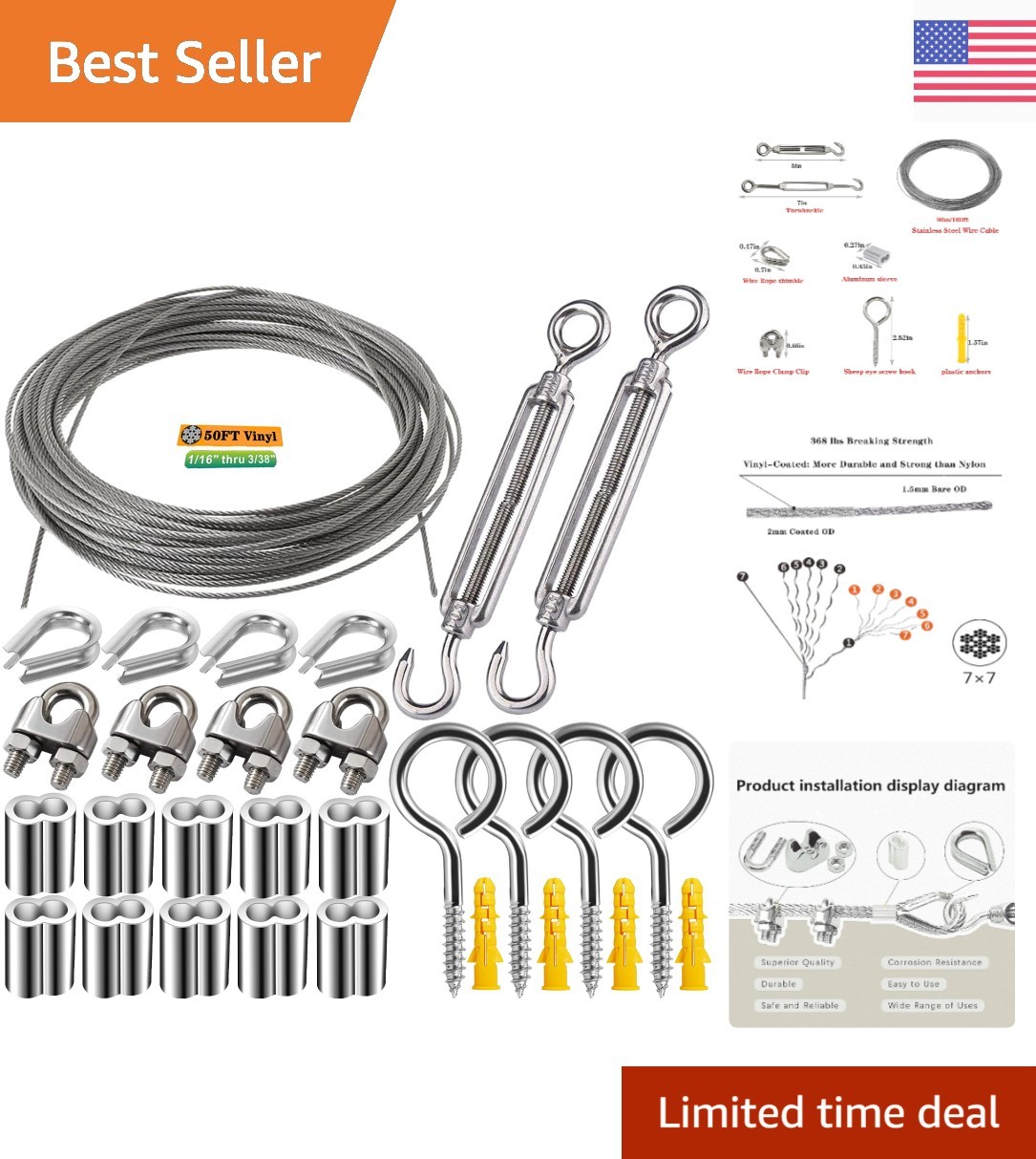 Versatile 50 FT Wire Rope Kit - Perfect for Hanging Lights and Garden Support