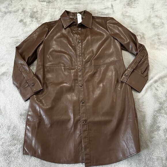 NWT $169 Chico\'s Faux Leather Long Shacket Jacket Brown Faux Leather MEDIUM 8/10
