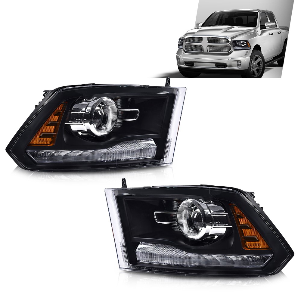 OE Style Projector Headlights for Dodge Ram 2013-2018, Black Housing LED DRL Set