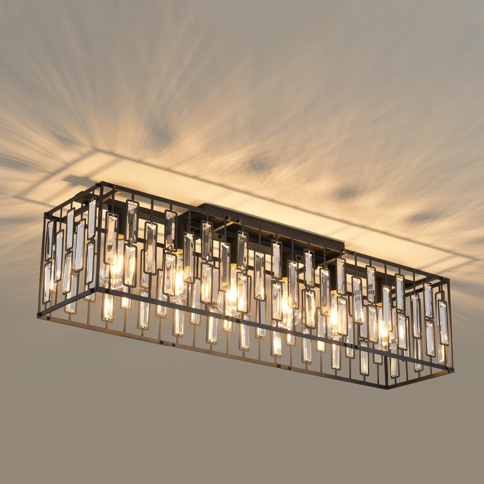 38.7in  Modern Ceiling Light 6-Lights Crystal Chandelier Rectangle for Kitchen